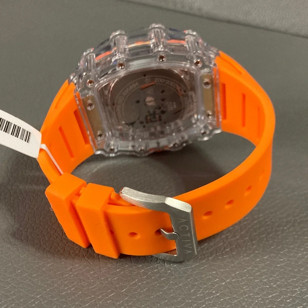 Activa Watch w/ Skeleton Dial 44.3mm, Orange strap/clear face (ACW2305-003)